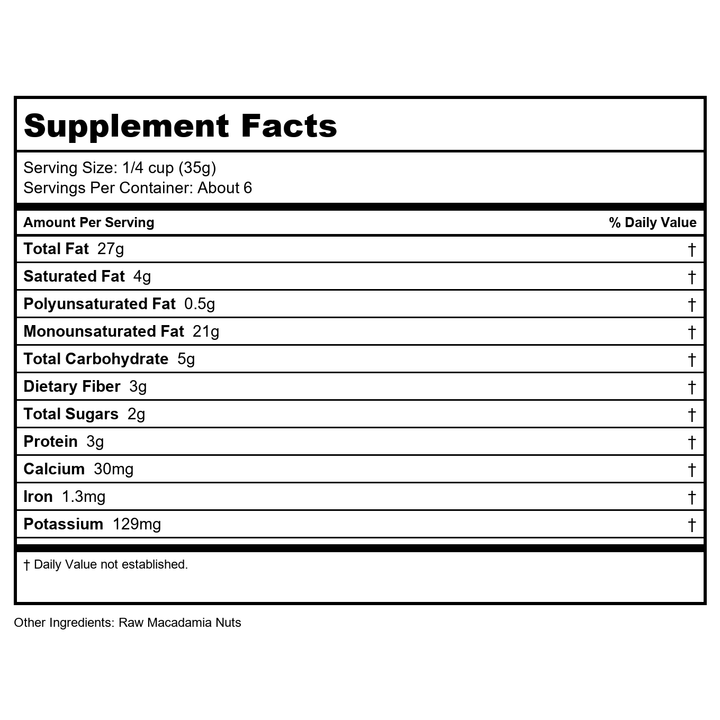 NOW Foods, Raw Macadamia Nuts, Unsalted, Good Source of Fiber, Non-GMO Project Verified, 8-Ounce (Packaging May Vary) - Supplement Facts panel