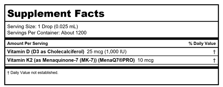 Ortho Molecular - Liquid Vitamin D3 with K2 - 3 pack - Supplement Facts panel