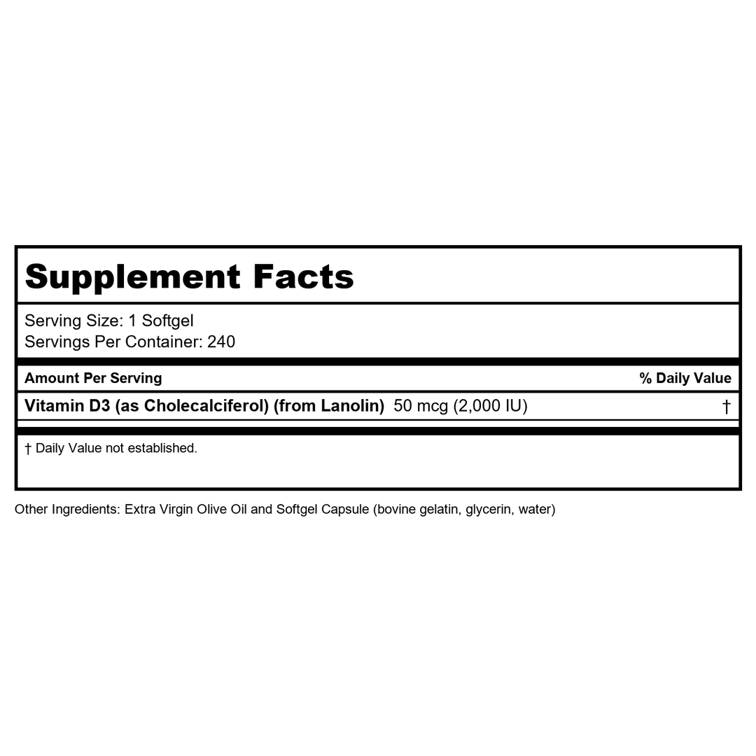 NOW Foods Vitamin D-3, 50 mcg (2,000 IU), 240 Softgels, 3 Pack - Supplement Facts panel