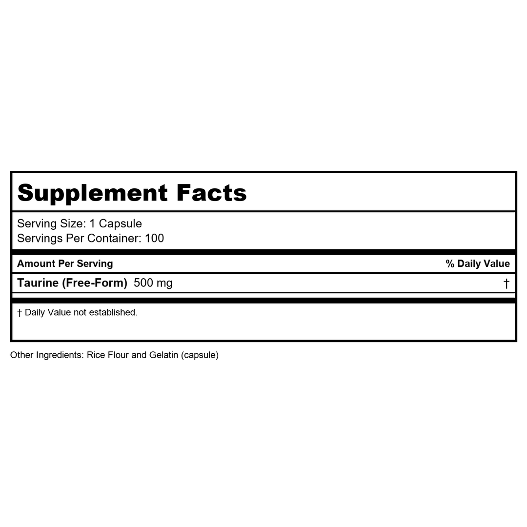 NOW Taurine 500mg, 100 Capsules (Pack of 3) - Supplement Facts panel