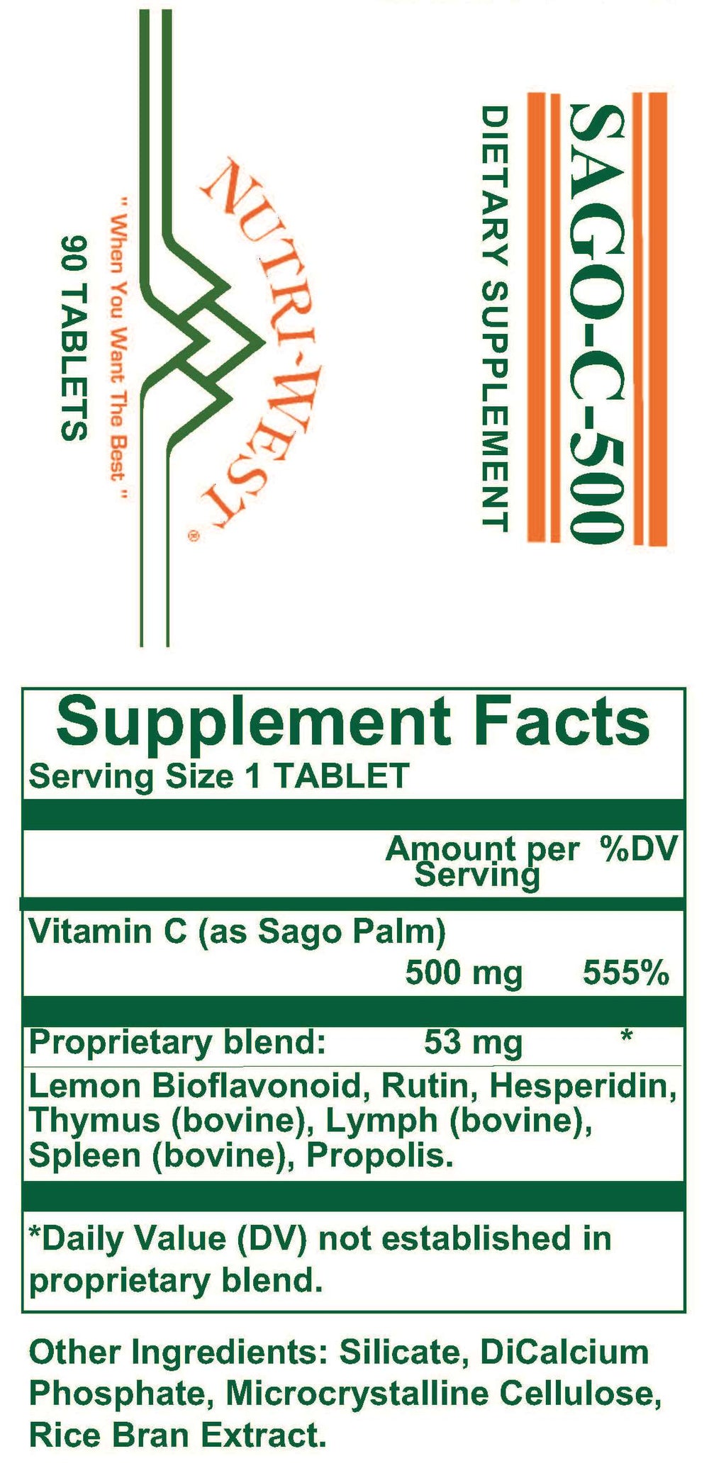 Nutri-West - Sago-C-500 90 Tablets by Nutri-West - Supplement Facts panel