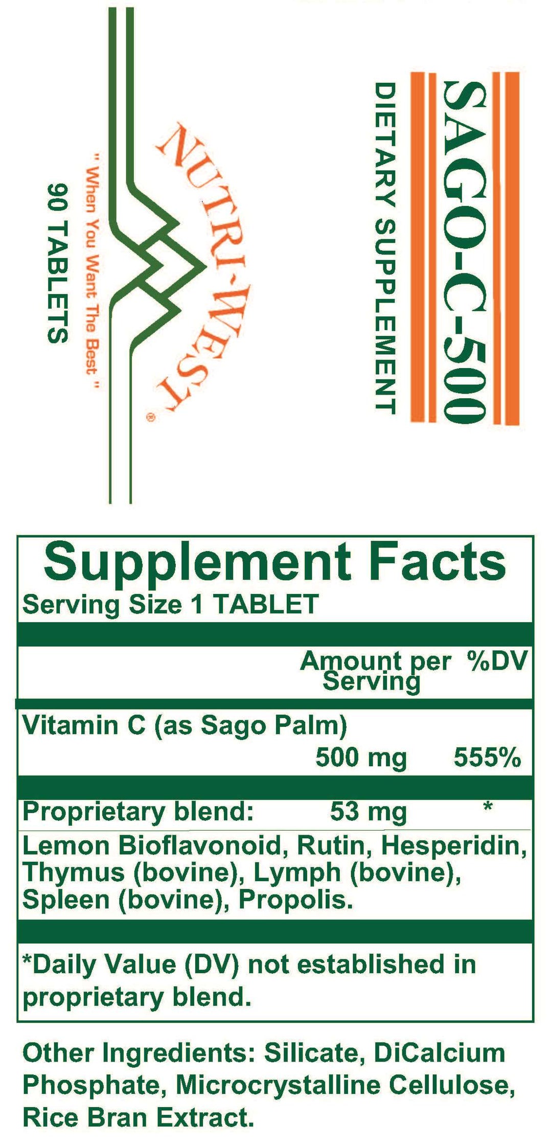 Nutri-West - Sago-C-500 90 Tablets by Nutri-West - Supplement Facts panel