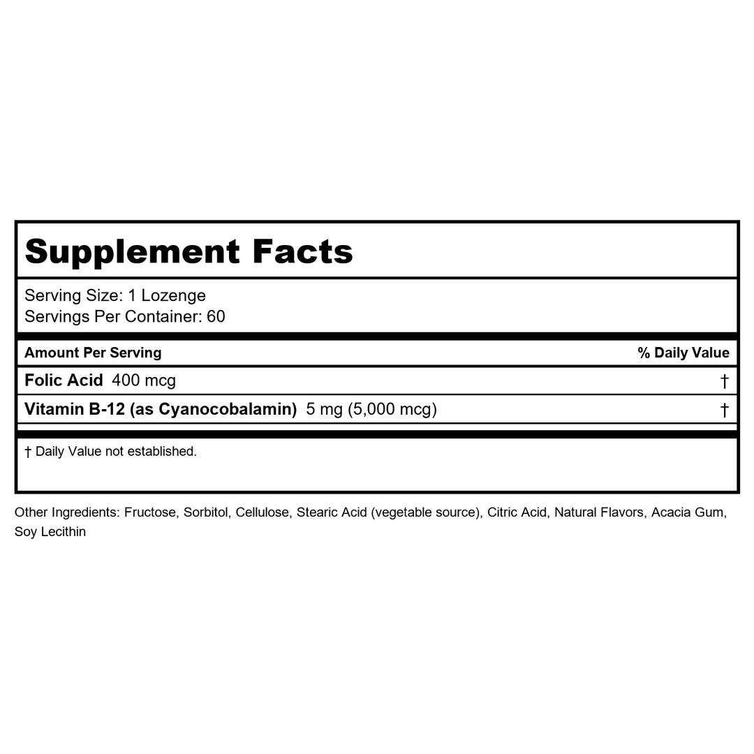 NOW Foods B-12, 5000mcg w/FOLIC, 60 Tabs (Pack of 6) - Supplement Facts panel