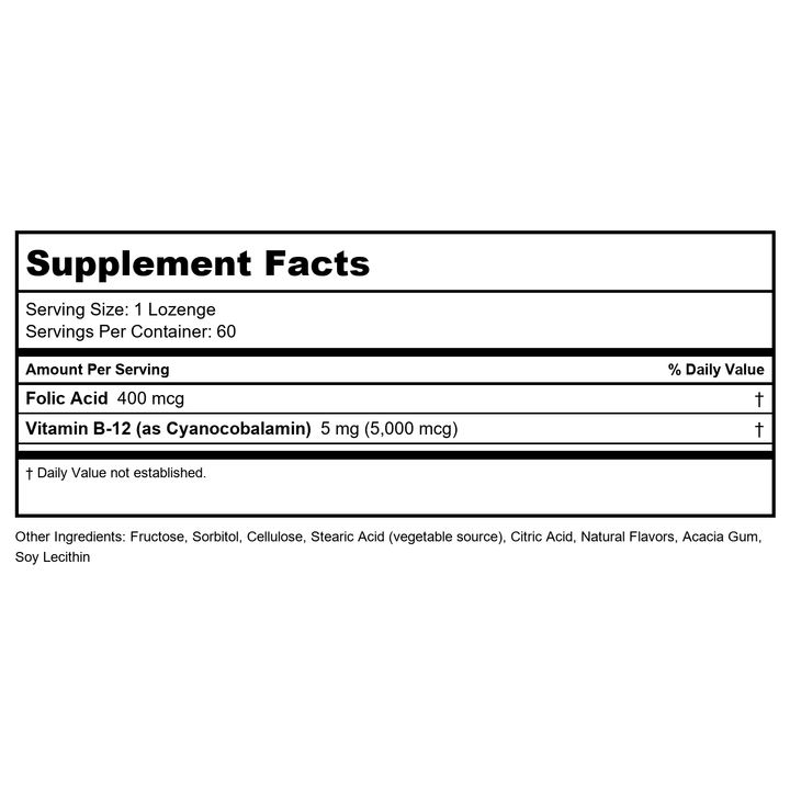 NOW Foods B-12, 5000mcg w/FOLIC, 60 Tabs (Pack of 6) - Supplement Facts panel