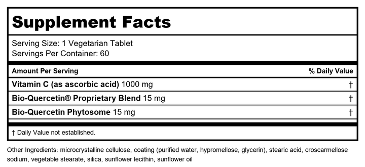 Life Extension Vitamin C and Bio-Quercetin®, Cardiovascular Health Supplement, Immune Support, Highly absorbable, quercetin, Vitamin C, Gluten Free, Non-GMO, Vegetarian, 60 Tablets - Supplement Facts panel