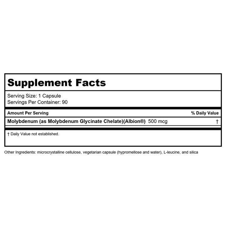 Seeking Health Molybdenum - Supplement with Molybdenum Glycinate Chelate - Supplement Supports Sulfite Metabolism &amp; Cellular Health - Vegetarian and Vegan Capsules - Supplement Facts panel