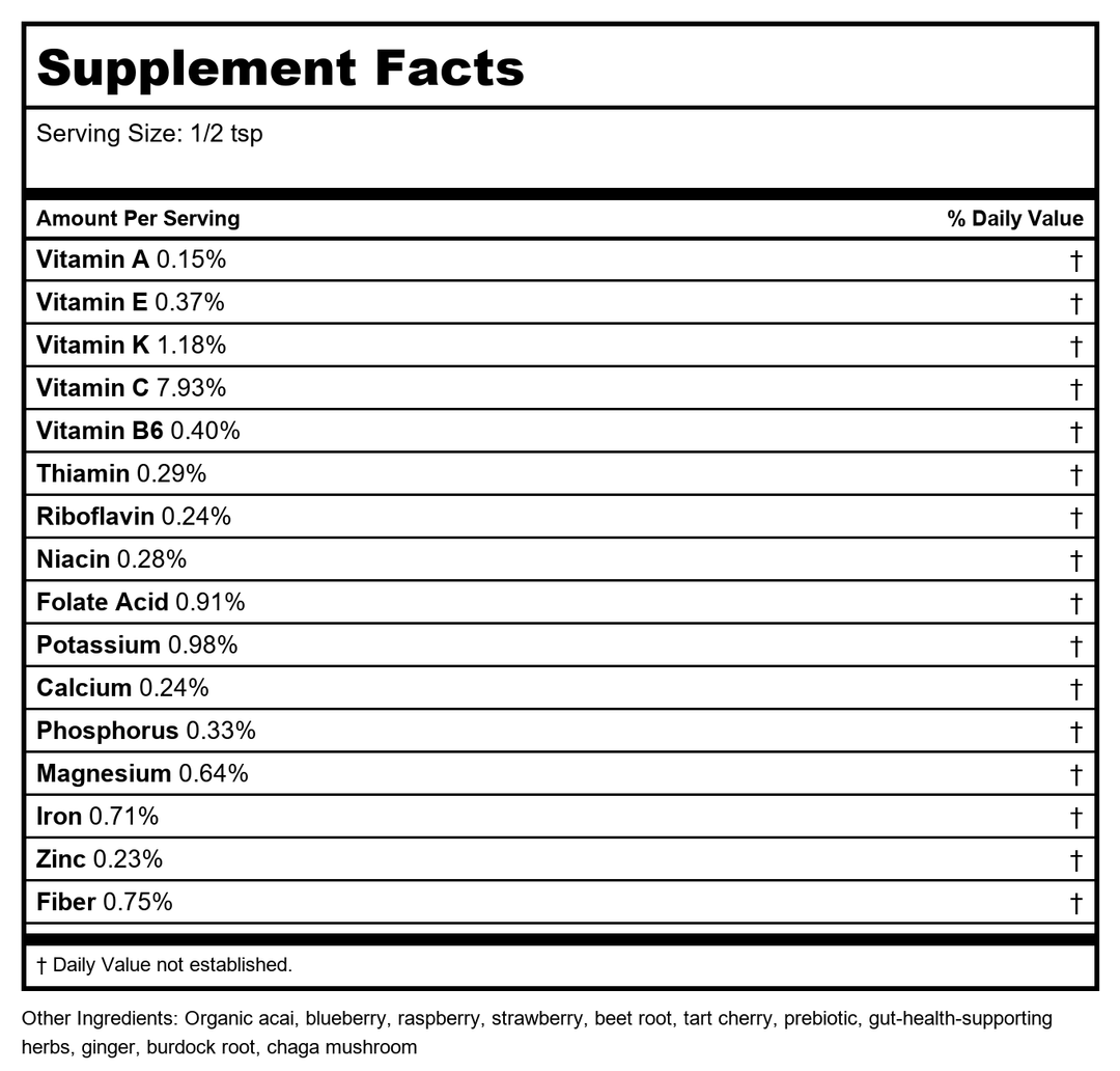 Earthley Wellness Super Foods Powder, Organic Berry Blend with Ginger, Burdock Root, Chaga Mushroom, Prebiotics, Antioxidants, and Gut Health Support for Immune, Heart, and Sleep Health (4 oz) - Supplement Facts panel
