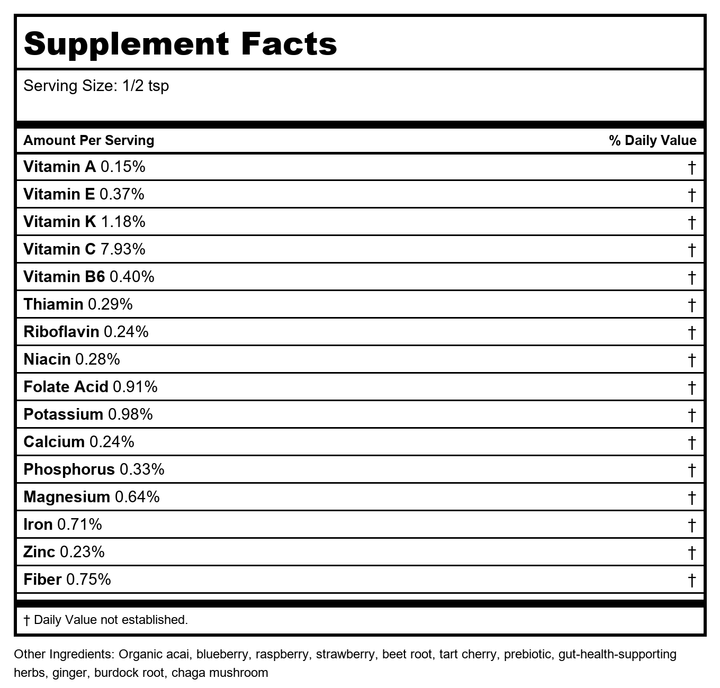 Earthley Wellness Super Foods Powder, Organic Berry Blend with Ginger, Burdock Root, Chaga Mushroom, Prebiotics, Antioxidants, and Gut Health Support for Immune, Heart, and Sleep Health (4 oz) - Supplement Facts panel