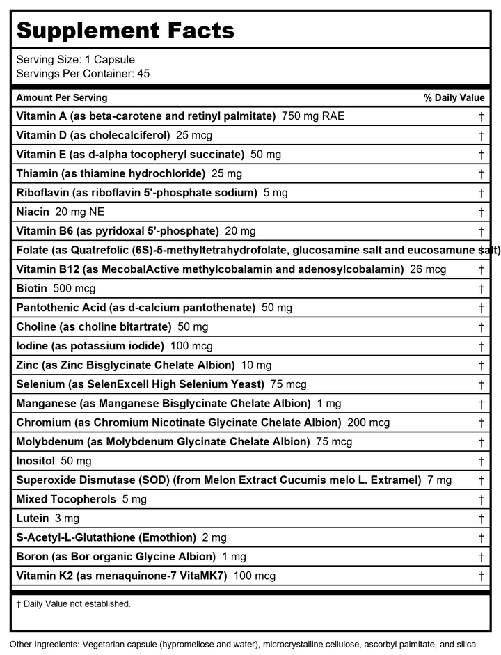 Seeking Health Multivitamin One - Supplement with Zinc, Vitamin B12, &amp; Vitamin A - Magnesium-Free Formula - Multivitamin Supports Methylation &amp; Healthy Aging - 45 Capsules - Supplement Facts panel