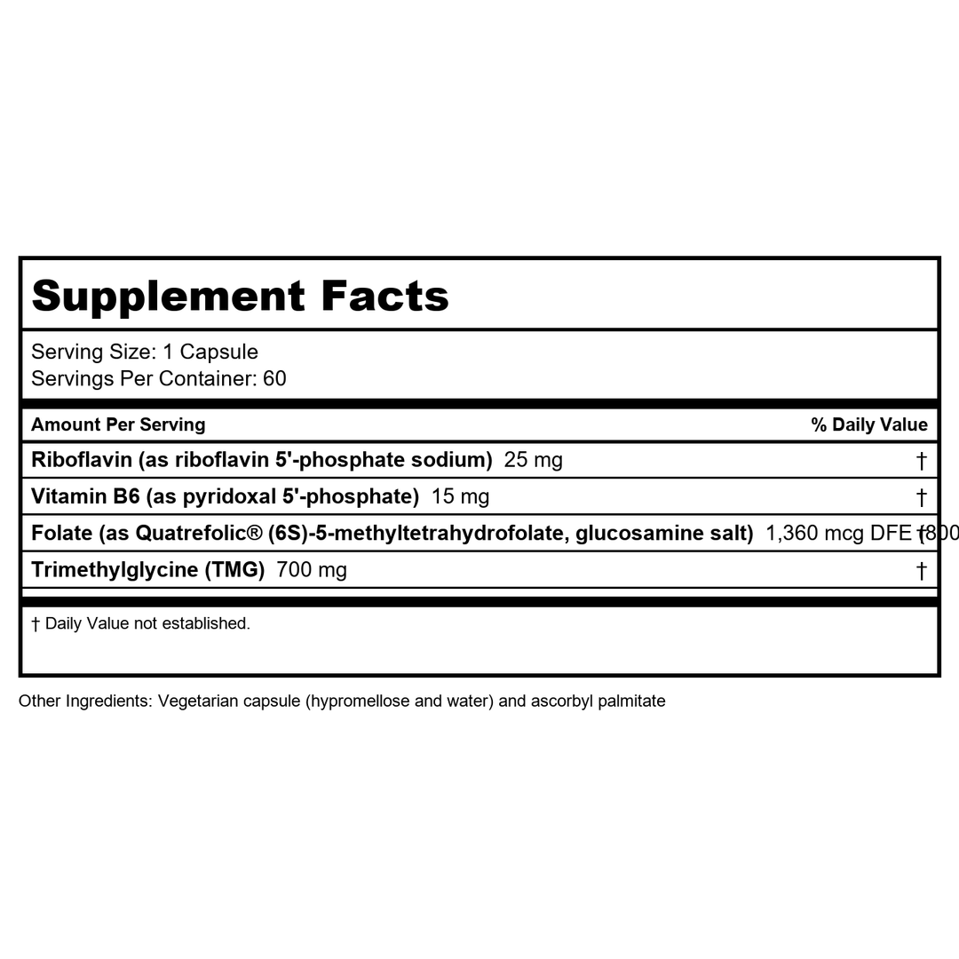 Seeking Health Homocysteine Nutrients - Supplement Formula with L-Methylfolate &amp; Vitamin B12, B6 &amp; B2 - Supports Healthy Cognition &amp; Brain Function - Aids Homocysteine Metabolism - 60 Capsules - Supplement Facts panel