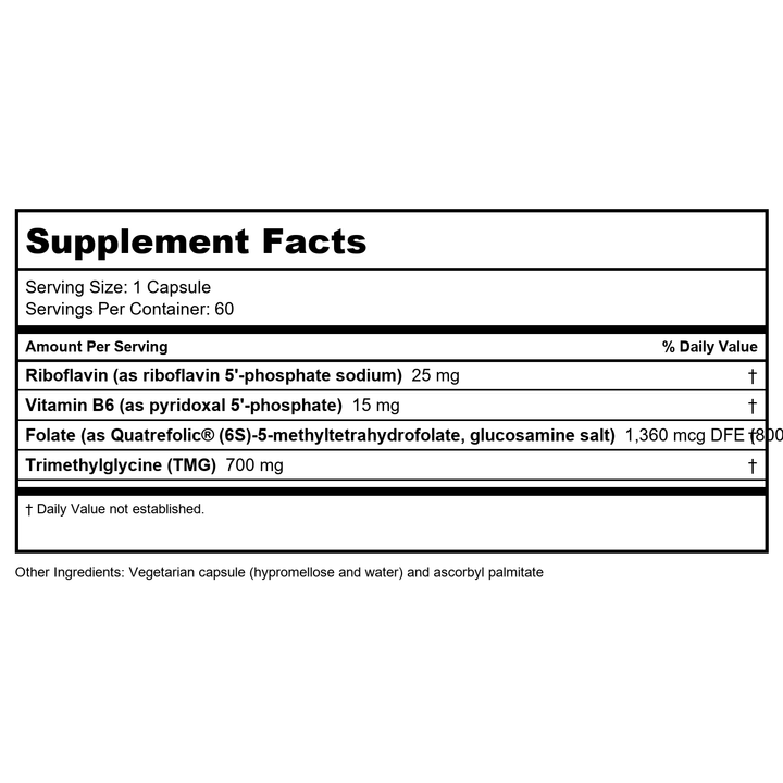 Seeking Health Homocysteine Nutrients - Supplement Formula with L-Methylfolate &amp; Vitamin B12, B6 &amp; B2 - Supports Healthy Cognition &amp; Brain Function - Aids Homocysteine Metabolism - 60 Capsules - Supplement Facts panel
