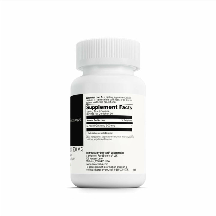 DAVINCI Laboratories - N-Acetyl Cysteine 500 mg - an Amino Acid Supplement to Support Immune System Function and Lung Health - Vegetarian, Gluten-Free - 90 Capsules - Supplement Facts panel