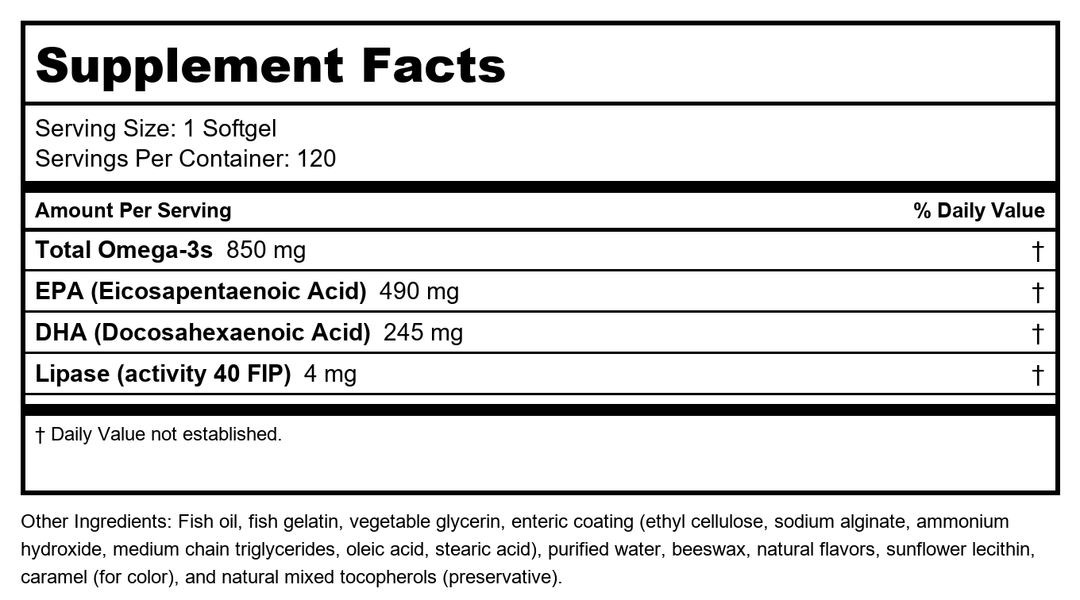 Renew Life Norwegian Gold Critical Omega Softgels, Daily Supplement Supports Heart, Brain and Joint Health, EPA and DHA Omega-3 Fish Oil, Dairy and gluten-free, 850 Mg 120 Count - Supplement Facts panel