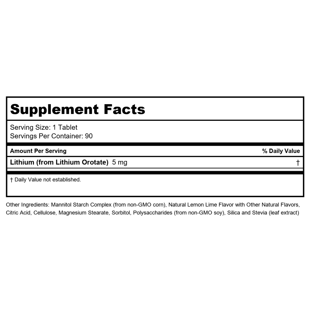 KAL Lithium Orotate ActivMelt 5mg, Chelated Lithium for Optimal Absorption and Bioavailability, Healthy Mood Support, Natural Lemon Lime Flavor, Instant Dissolve Tablets, 90 Servings, 90 Micro Tablets - Supplement Facts panel