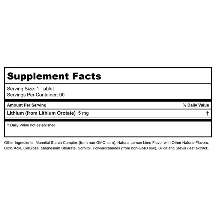 KAL Lithium Orotate ActivMelt 5mg, Chelated Lithium for Optimal Absorption and Bioavailability, Healthy Mood Support, Natural Lemon Lime Flavor, Instant Dissolve Tablets, 90 Servings, 90 Micro Tablets - Supplement Facts panel
