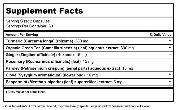 New Chapter Turmeric Supplement + Daily Detox Turmeric Force Detox Action with Green Tea + Ginger + NO Black Pepper Needed + NonGMO Ingredients Vegetarian Capsule, 60 Count - Supplement Facts panel