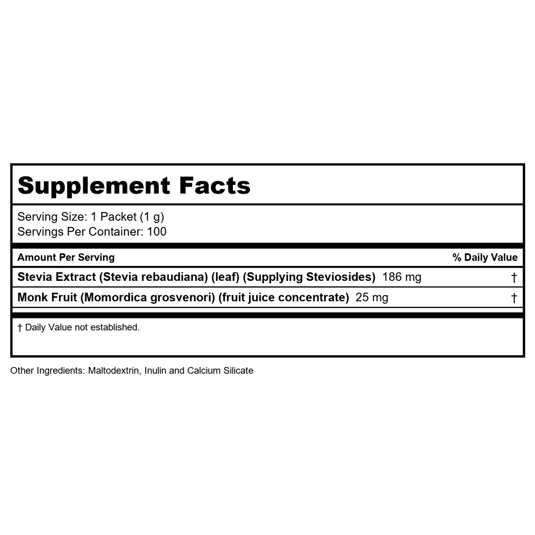 Kal Pure Stevia Plus Luo Han, 100 G Packets - Supplement Facts panel