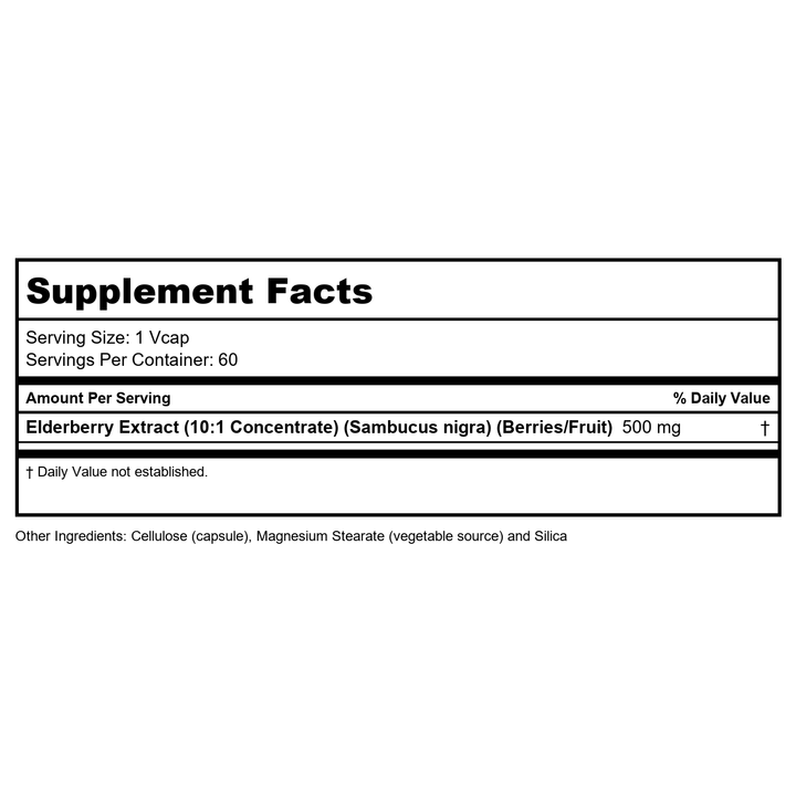 Now Foods Elderberry 500 Milligrams, 60 Veg Capsules (Pack of 2) - Supplement Facts panel