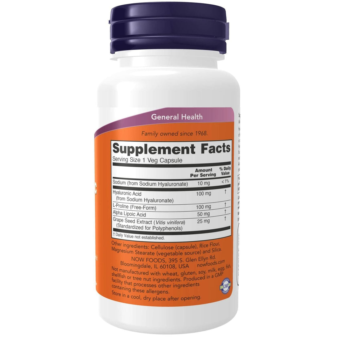 3 Bottles of Now Foods, HYALURONIC Acid 100MG 2X Plus 60 CAPS - Supplement Facts panel