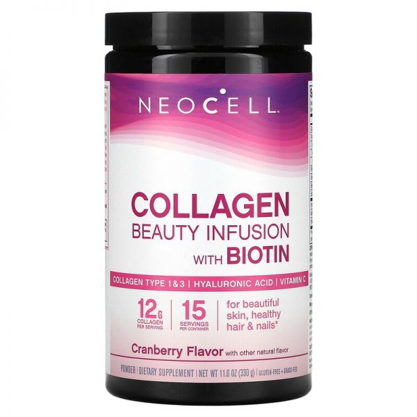 NeoCell Collagen Peptides Powder | 9.1 oz | Grass Fed Bovine | with Biotin and Hyaluronic Acid | Cranberry Cocktail Flavored | Beauty Infusion Drink Mix | Hair, Skin & Nails - Supplement Facts panel