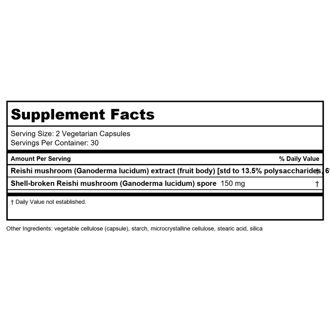 Life Extension Reishi Extract Mushroom Complex - Mushrooms Herbal Supplement for Immune Support – Ganoderma Lucidum Extract - Gluten-Free, Non-GMO, Vegetarian – 60 Capsules - Supplement Facts panel
