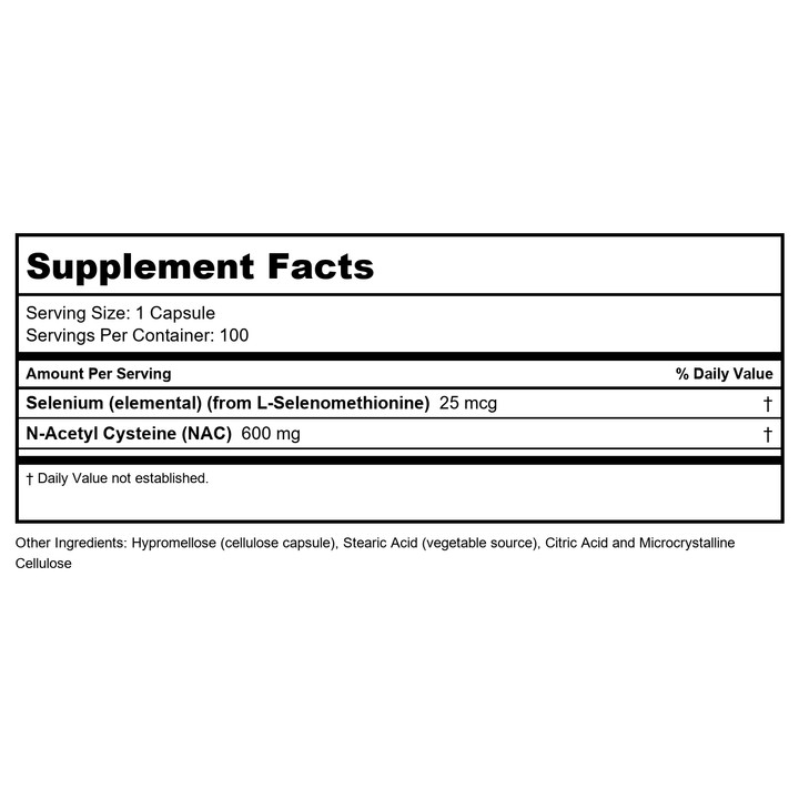 NOW Foods NAC (N-Acetyl Cysteine) 600 mg with Selenium, 100 Capsules (2Pack) - Supplement Facts panel