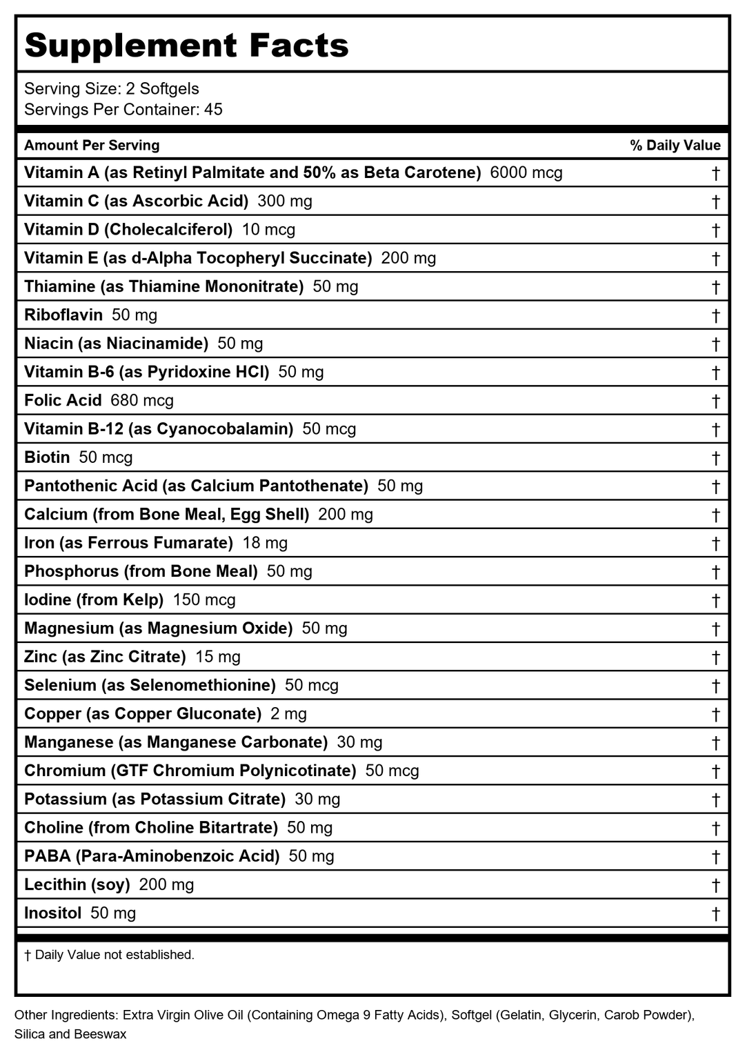 SOLARAY Provide Multivitamin | Two Daily | 90 CT - Supplement Facts panel