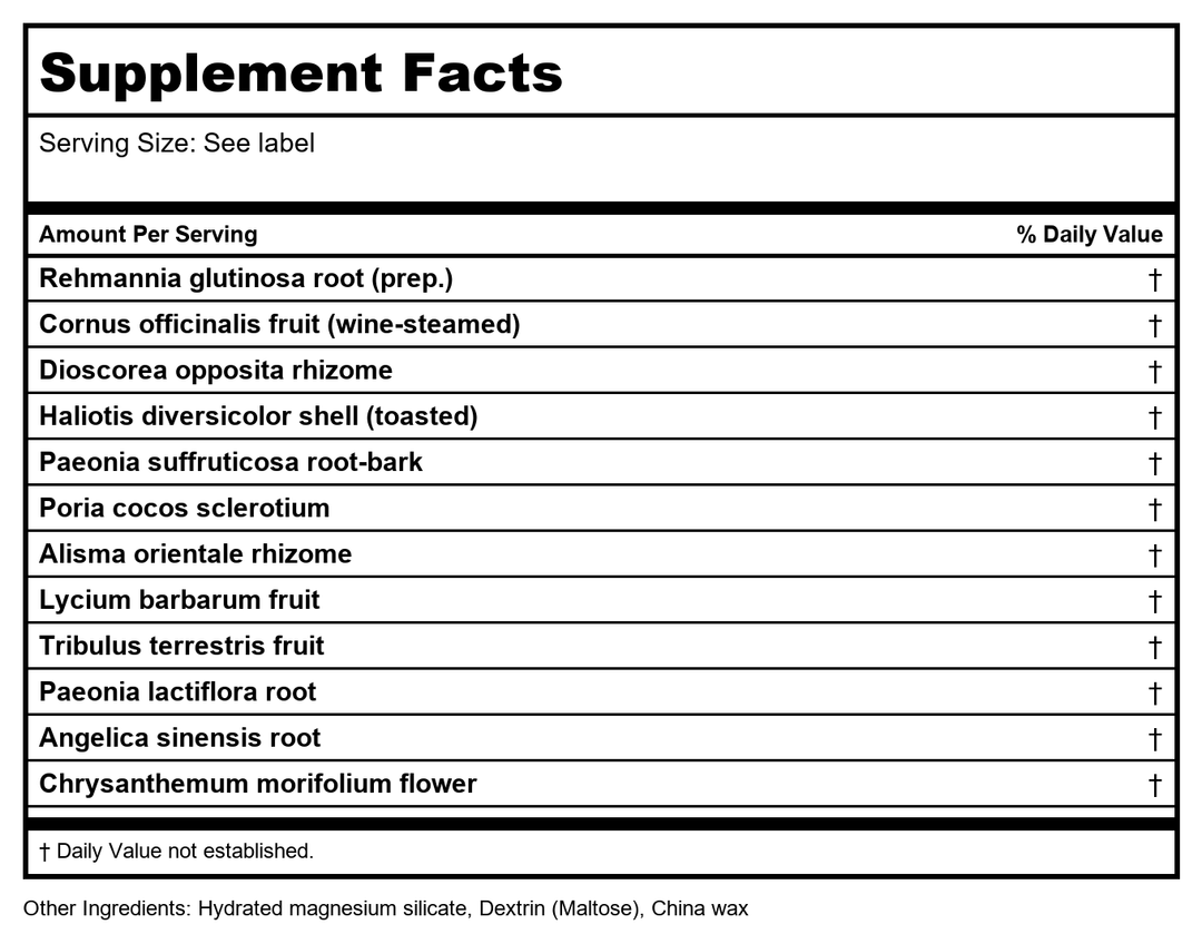Ming Mu Di Huang Teapills (Ming Mu Di Huang Wan), 200 ct, Plum Flower by MayWay - Supplement Facts panel