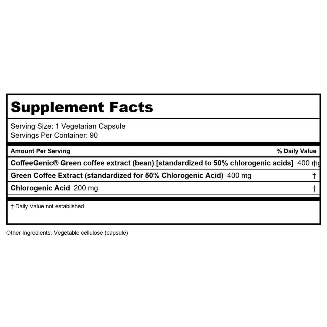 Life Extension CoffeeGenic® Green Coffee Extract, 400 mg, standardized for 50% chlorogenic Acid, After-Meal Metabolism Support, Gluten Free, Non-GMO, Vegetarian, 90 Capsules - Supplement Facts panel