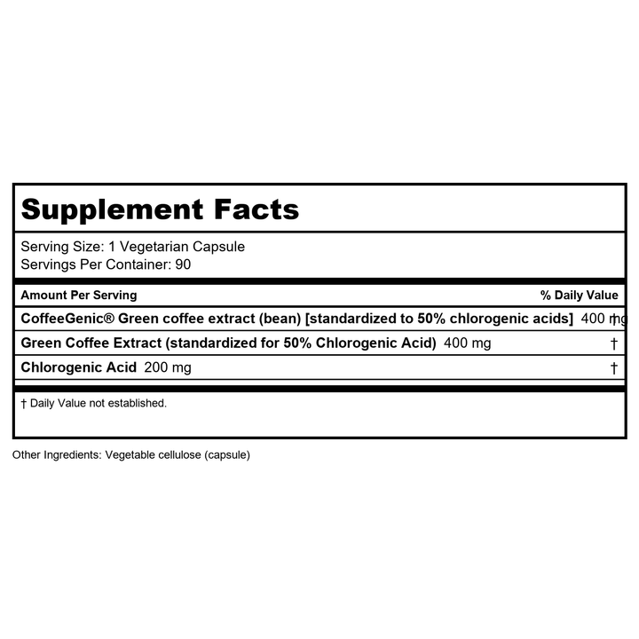 Life Extension CoffeeGenic® Green Coffee Extract, 400 mg, standardized for 50% chlorogenic Acid, After-Meal Metabolism Support, Gluten Free, Non-GMO, Vegetarian, 90 Capsules - Supplement Facts panel