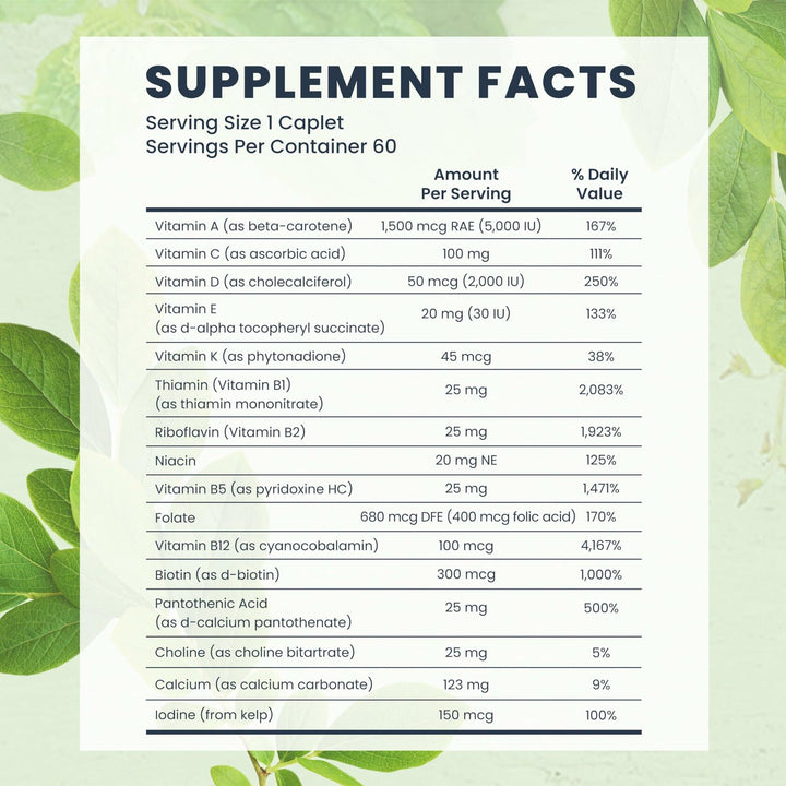 Bio-Tech Pharmacal Essential Multivitamin - Mineral Blend Dietary Supplement - Provides Essential Vitamins and Minerals - Includes Vitamins A, C, D, E, and K - Supplement Facts panel