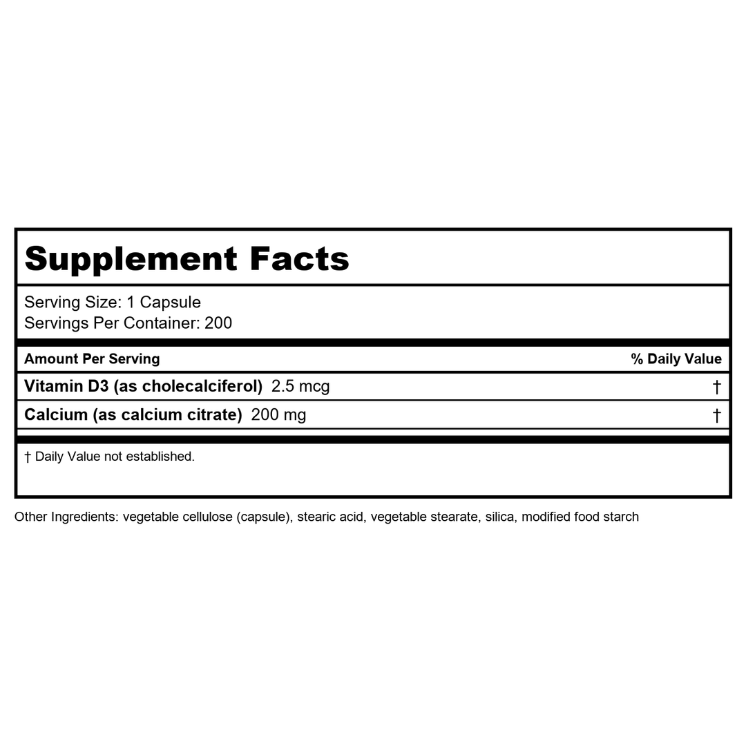 Life Extension Calcium Citrate with Vitamin D, Super-absorbable Calcium to Support Optimal Bone Health, Gluten-Free, Non-GMO, 200 Capsules - Supplement Facts panel