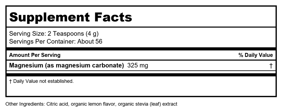 Natural Vitality Calm, Magnesium Supplement, Anti-Stress Drink Mix Powder, Gluten Free, Vegan, &amp; Non-GMO, Sweet Lemon, 8 oz - Supplement Facts panel