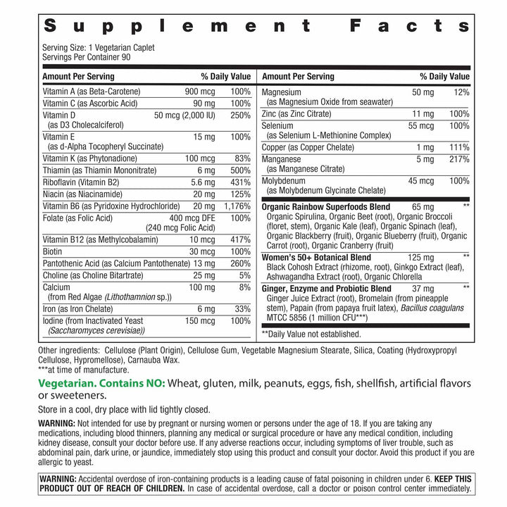 Rainbow Light Womens One + Multivitamin 50 Plus | 90 Caplets | Supports Menopause | Real Food Nutrients, Digestive Enzymes &amp; Probiotics - Supplement Facts panel