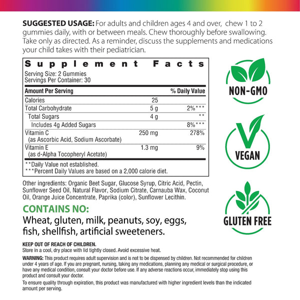 Rainbow Light Vitamin C Gummies with Vitamin E | 60 Count | Citrus Flavored | Immune &amp; Antioxidant Support for Adults and Kids - Supplement Facts panel