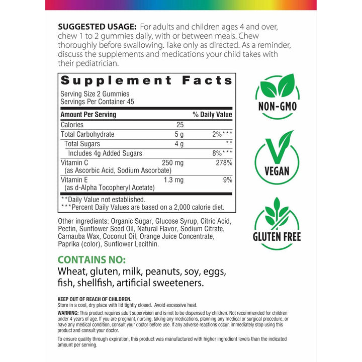 Rainbow Light Vitamin C Gummies with Vitamin E | 90 Count | Supports Immune &amp; Antioxidant Health for Adults &amp; Kids | Tangy Orange Flavor - Supplement Facts panel