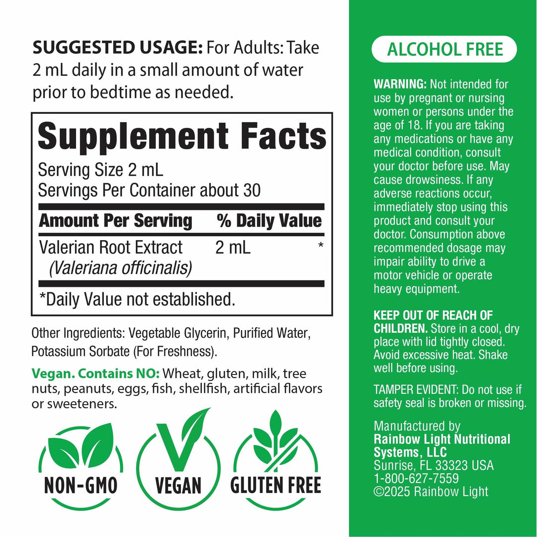 Rainbow Light Valerian Root Liquid Extract | 2 Fl Oz | Super Concentrated | Alcohol Free | Vegan, Non-GMO &amp; Gluten Free - Supplement Facts panel