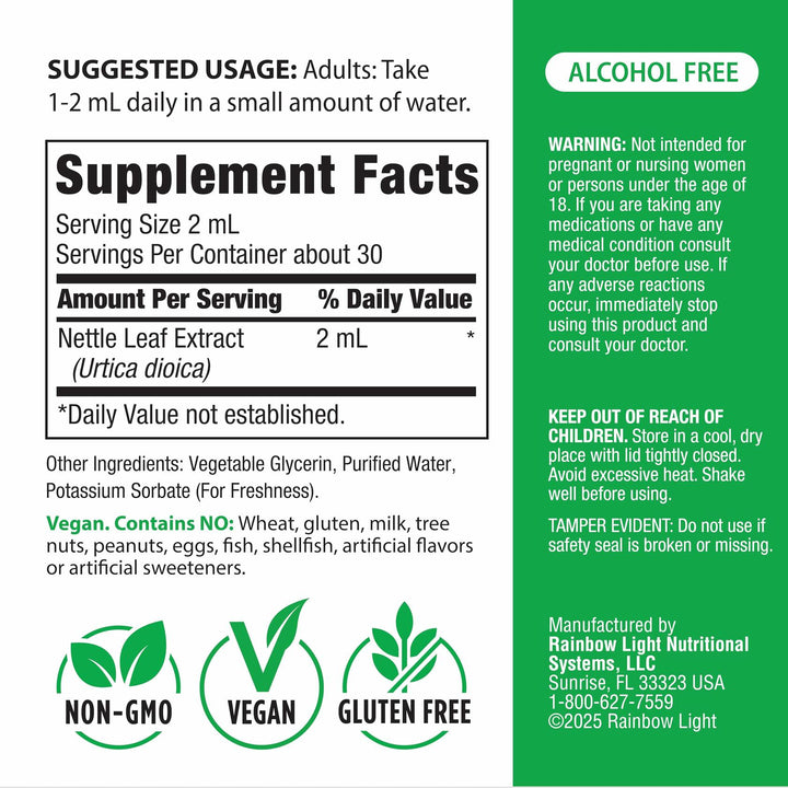 Rainbow Light Nettle Leaf Liquid Extract | 2 Fl Oz | Super Concentrated | Alcohol Free | Non-GMO and Gluten Free Herbal Supplement - Supplement Facts panel