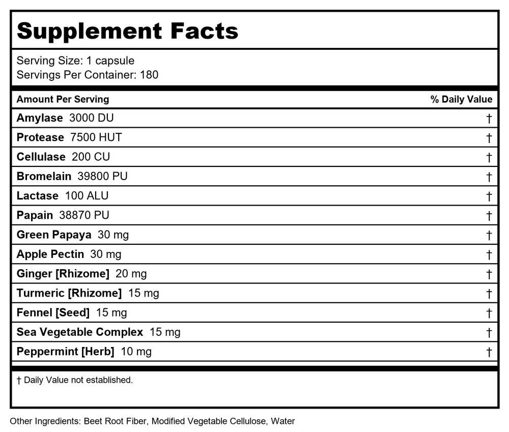Rainbow Light Advanced Enzyme System Plant-Source Capsules, 180 Count - Supplement Facts panel