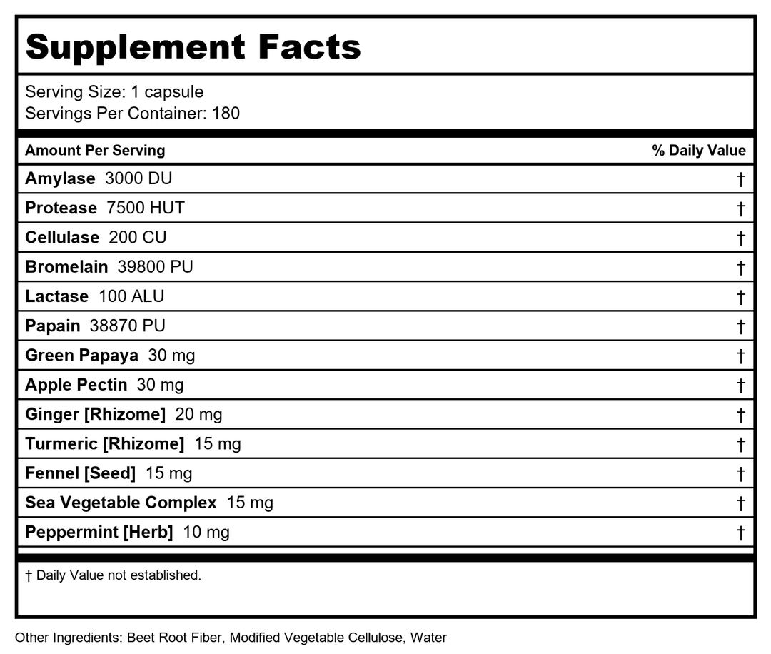 Rainbow Light Advanced Enzyme System Plant-Source Capsules, 180 Count - Supplement Facts panel
