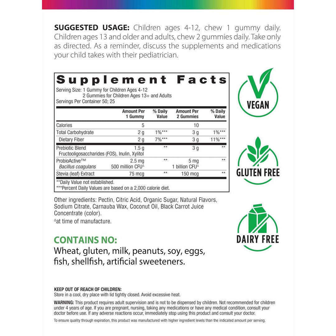 Rainbow Light Probiotic Gummies | 50 Count | Advanced Synbiotic with Prebiotic | for Men, Women &amp; Children | Supports Digestive &amp; Immune Health - Supplement Facts panel