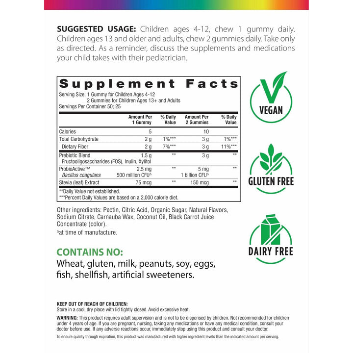 Rainbow Light Probiotic Gummies | 50 Count | Advanced Synbiotic with Prebiotic | for Men, Women &amp; Children | Supports Digestive &amp; Immune Health - Supplement Facts panel
