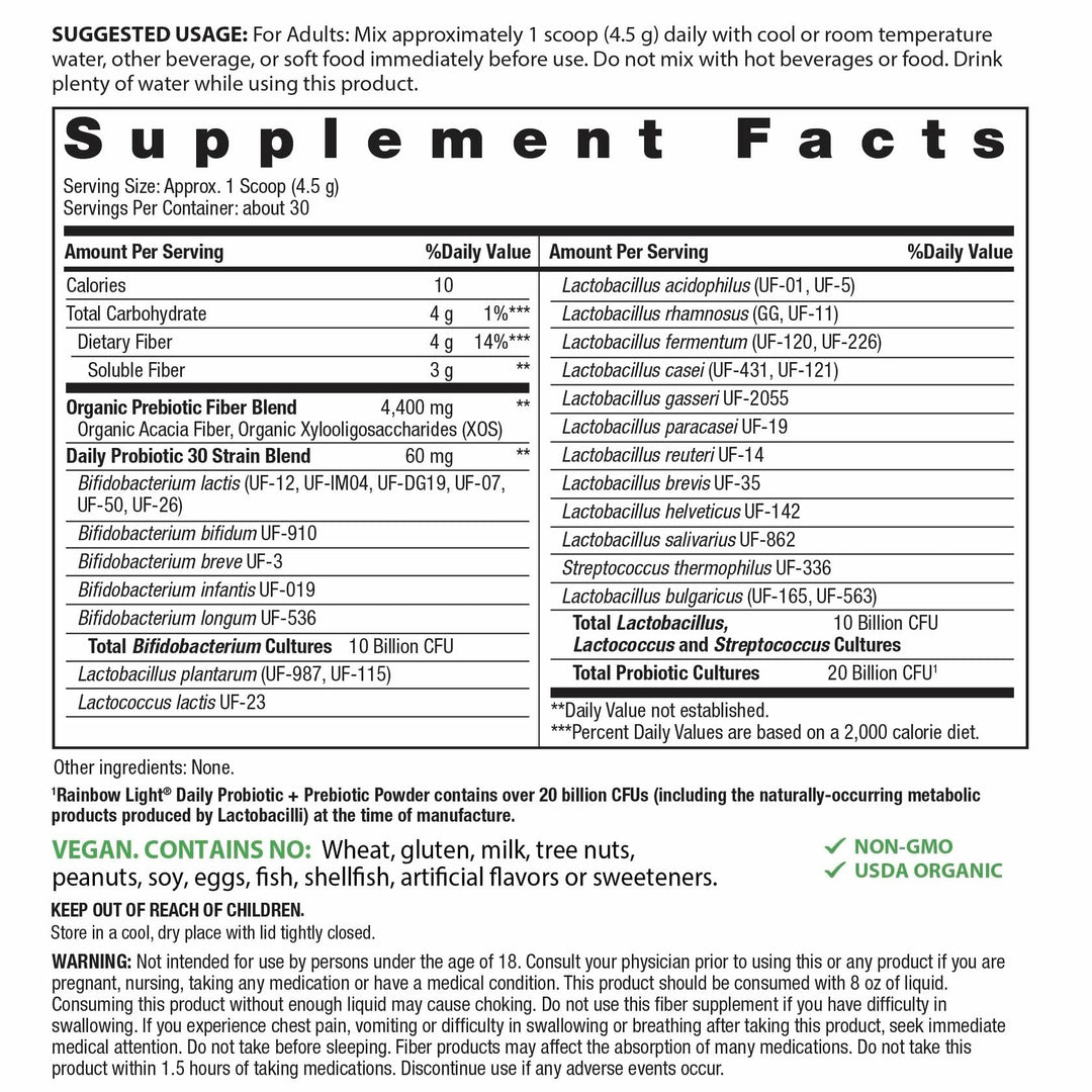 Rainbow Light Daily Probiotic &amp; Prebiotic Powder 20 Billion CFU | 30 Probiotic Strains &amp; Organic Prebiotic Fiber | for Men and Women | Supports Digestive Balance | 4.76 oz - Supplement Facts panel