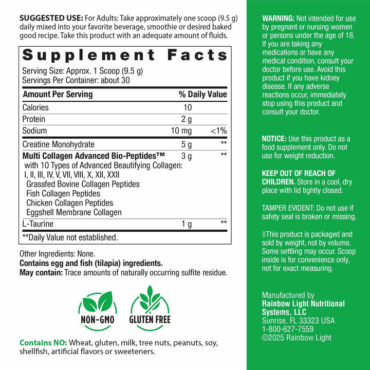 Rainbow Light Creatine + Multi Collagen | 10 Ounce | 5g Creatine Monohydrate Plus 10 Types of Collagen | Supports Lean Muscle, Cellular Energy &amp; Skin Health | Unflavored Powder - Supplement Facts panel