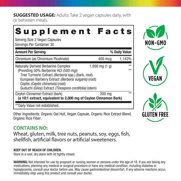 Rainbow Light Berberine Supplement with Ceylon Cinnamon | 60 Capsules | 1,000mg | Plus Chromium | Sourced from 4 Potent Herbs - Supplement Facts panel