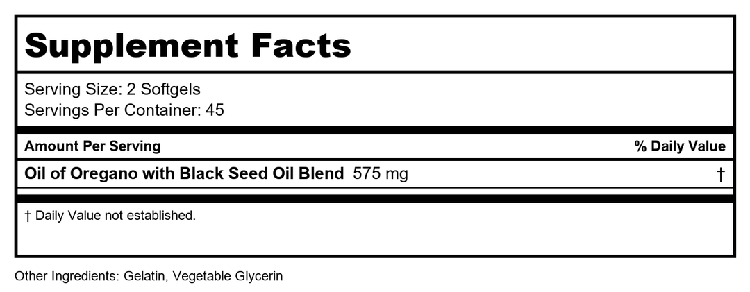 Rainbow Light Oil of Oregano with Black Seed Oil | 90 Softgels | Naturally Occurring Carvacrol &amp; Thymoquinone - Supplement Facts panel