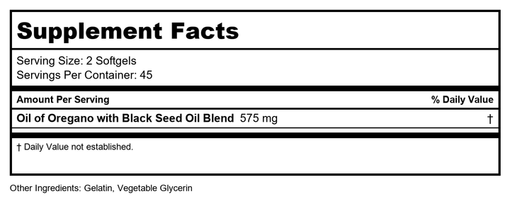 Rainbow Light Oil of Oregano with Black Seed Oil | 90 Softgels | Naturally Occurring Carvacrol &amp; Thymoquinone - Supplement Facts panel