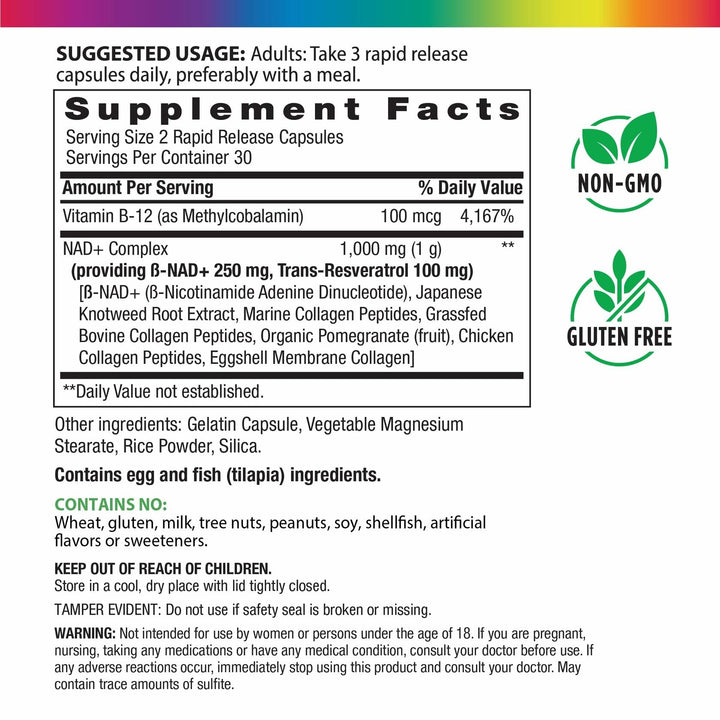 Rainbow Light NAD + Trans-Resveratrol Multi Collagen | 60 Rapid Release Capules | Supports Healthy Aging &amp; Cellular Energy | Non-GMO and Gluten Free - Supplement Facts panel