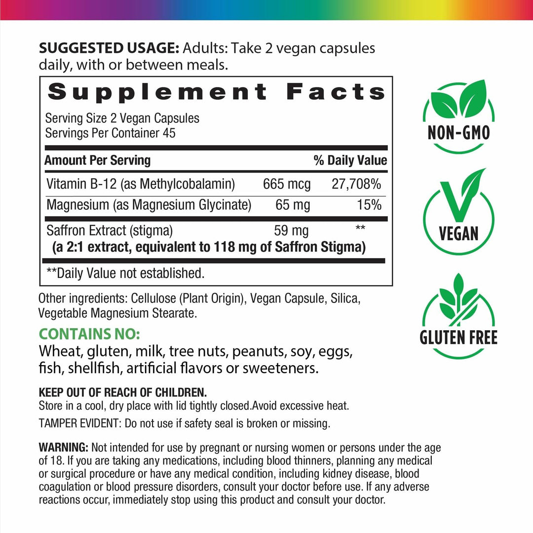 Saffon Extract + Magnesium Glycinate Supplement | 90 Capsules | with Methyl B12 | Helps Support a Positive Mood | Vegan, Non-GMO and Gluten Free - Supplement Facts panel