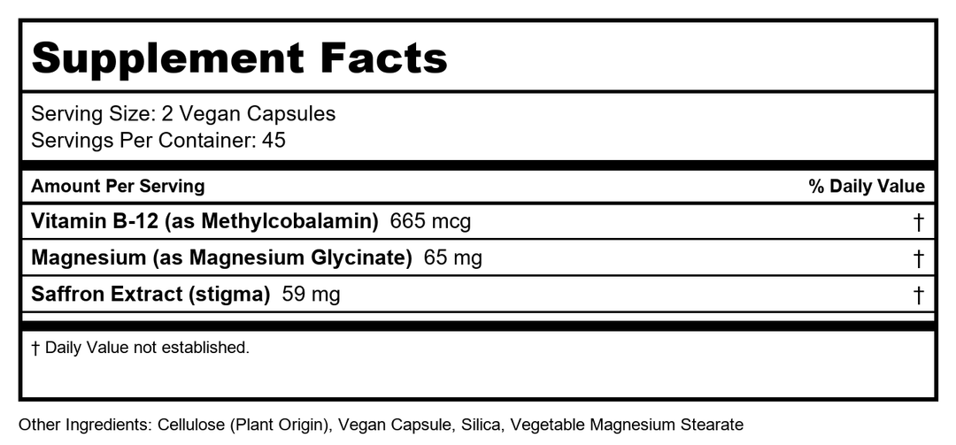 Saffon Extract + Magnesium Glycinate Supplement | 90 Capsules | with Methyl B12 | Helps Support a Positive Mood | Vegan, Non-GMO and Gluten Free - Supplement Facts panel